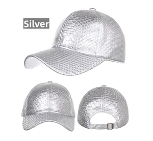 Silver faux leather baseball cap with textured snake pattern skin and adjustable back buckle