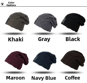 Detailed grid showing six colors of diamond-knit beanies with fleece lining for winter