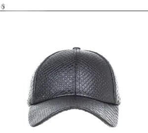 Front view of black baseball cap with premium faux leather crocodile texture finish