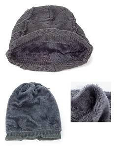 Macro detail showing thick fleece lining and knit texture of a dark grey winter beanie