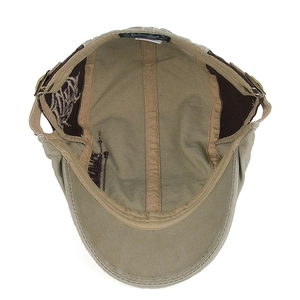 Khaki embroidered military cadet cap with dark brown lining and metal adjustment buckle