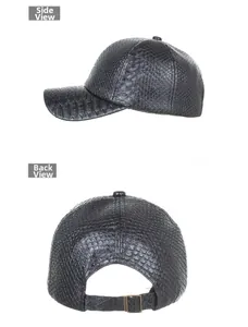 Detailed side and back views of a black faux python skin baseball cap with metal buckle