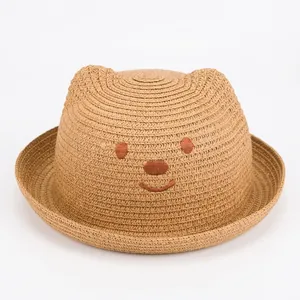 Chapeau de Soleil en Paille de Papier pour Enfants Avec Oreilles d'Ours Mignonnes et Broderie Chapeau de Plage d'Été pour Garçons et Filles