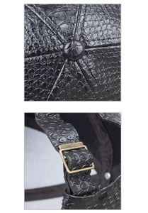 Detail of black crocodile texture PU leather baseball cap with metal buckle closure