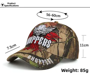 Detail view of camouflage baseball cap featuring 3D embroidered skull and wings logo