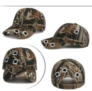 Multi-angle views of camouflage baseball cap with bullet hole embroidery details