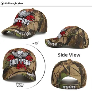 Detailed multi-angle views of camo baseball cap with embroidered skull and wings