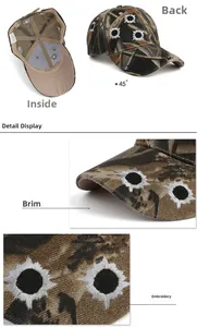 Close-up views of camouflage baseball cap with 3D bullet hole embroidery and details