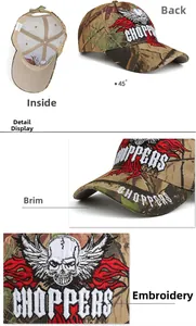 Detail showing high-quality camouflage embroidery with skull motif on baseball cap