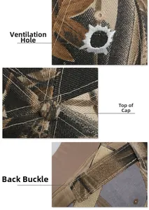 Detailed views of camouflage baseball cap showing embroidered eyelets and adjustable strap