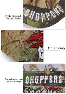 Detailed view of the jungle camouflage baseball cap with white Choppers embroidery