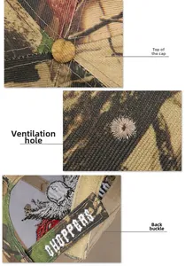 Detailed views of camouflage baseball cap with embroidered eyelets and adjustable buckle