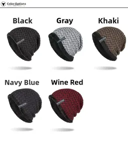 Winter knit beanies detail showing colors in Black, Grey, Khaki, Navy and Wine Red