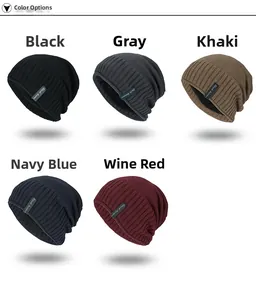 Detailed view of knitted winter beanies in black, gray, khaki, navy, and wine red colors