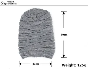Detailed size specifications for grey knitted beanie showing height 30cm and width 23cm