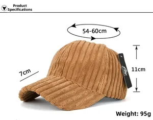 Detailed close-up of brown striped corduroy baseball cap texture and side branding tag