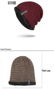 Vertical display showing wine red and khaki beanies with warm fleece lining and label