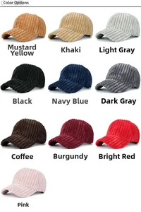 Detailed grid showing 10 color options for striped corduroy baseball caps in various shades