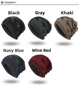 Detail view of five color options for knit beanies with fleece lining and star pattern
