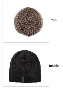 Detail view of the knitted beanie cap showing top stitching and warm fleece lining texture