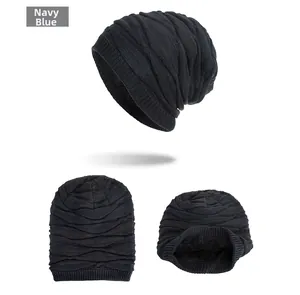 Detailed views of navy blue knit beanie showing thick fleece lining and warm texture
