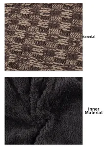 Detail of brown jacquard knit fabric with thick black faux sherpa fleece lining