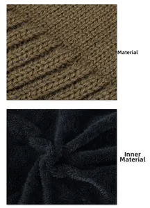 Detail of brown chunky knit fabric and warm black fleece lining material for winter hat