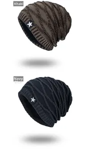 Détails de bonnets en tricot kaki et bleu marine avec doublure polaire et écusson étoile