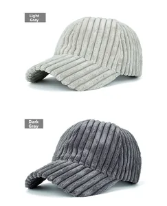 Vertical display showing light and dark gray striped corduroy baseball caps for sun protection