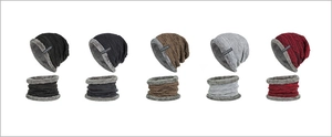 Detailed set of knit beanies and neck warmers in five colors with soft fleece lining