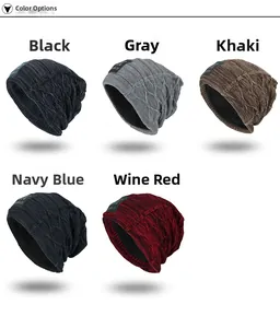 Winter cable knit beanie hats in black, grey, khaki, navy, and wine red with fleece lining