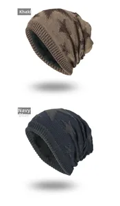 Detail view of winter knitted beanie with star pattern and warm thick fleece lining