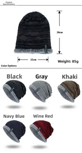 Size chart and five colors of a knitted beanie with fleece lining and logo detail