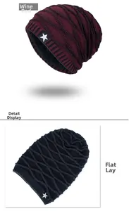 Détail du bonnet en maille avec doublure polaire douce et écusson en forme d'étoile