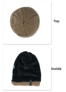 Detailed view of the warm winter knit beanie showing top stitching and soft fleece lining