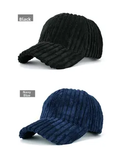 Detailed texture of striped corduroy baseball caps in black and navy blue colors