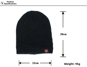 Detailed dimensions of black knit beanie with red star, 28cm height and 22cm width specifications