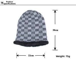 Winter beanie size chart showing grey check knit pattern and warm fleece lining details