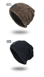 Detail of warm winter knit beanies with thick fleece lining in khaki and navy blue