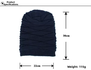 Navy blue winter knitted beanie dimensions diagram showing height 30cm and width 22cm