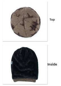 Detail of brown knitted star pattern exterior and thick black fleece lining for warmth