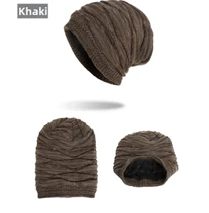 Macro detail of men's knit beanie showing the khaki AB yarn and black fleece lining