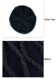 Détail du bonnet noir avec doublure en polaire chaude et texture de tissu tricoté