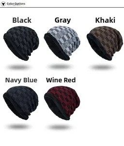 Detail of five winter beanies showing checkered knit patterns and thick fleece lining texture