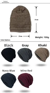 Detailed size specifications and five available colors for men's thermal knitted beanie