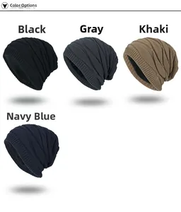Color display of four knitted beanies in black, gray, khaki, and navy blue with warm lining