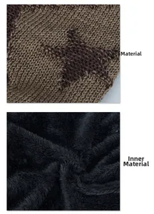 Close-up of brown knitted star pattern beanie with thick black faux fur lining material