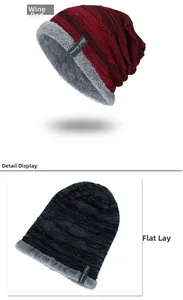 Detail view showing warm thermal faux fur lining and knitted texture of the winter beanie