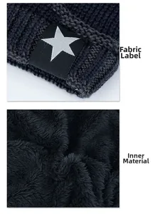Détail du bonnet en tricot montrant l'étiquette étoile et la doublure polaire épaisse
