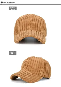 Front and 45-degree angle views of a brown striped corduroy baseball cap with thick texture
